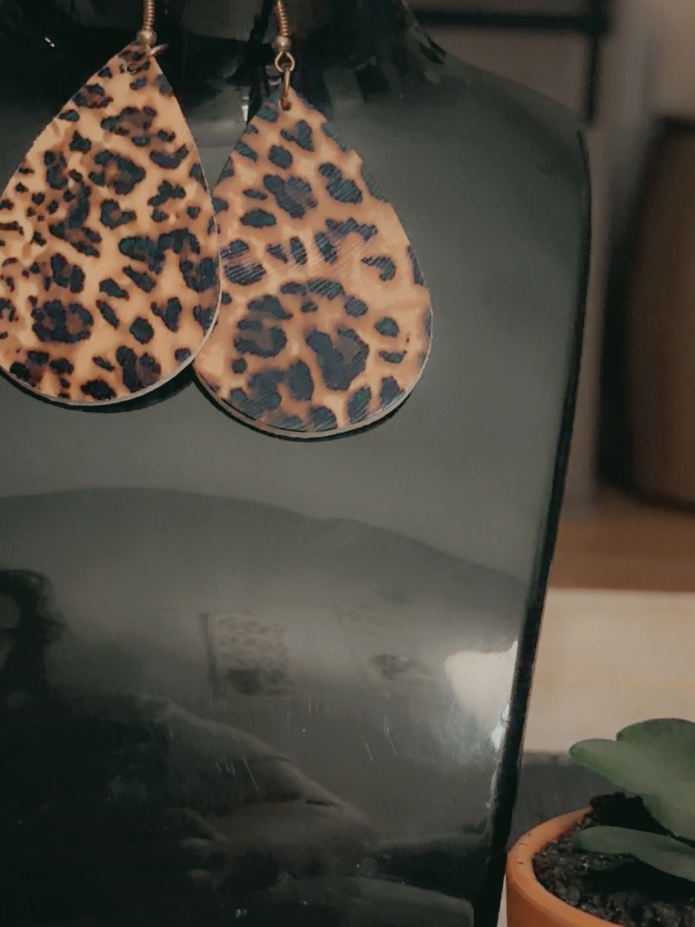 Leopard Print Teardrop Earrings - Brown & Black - Picture 4 of 5